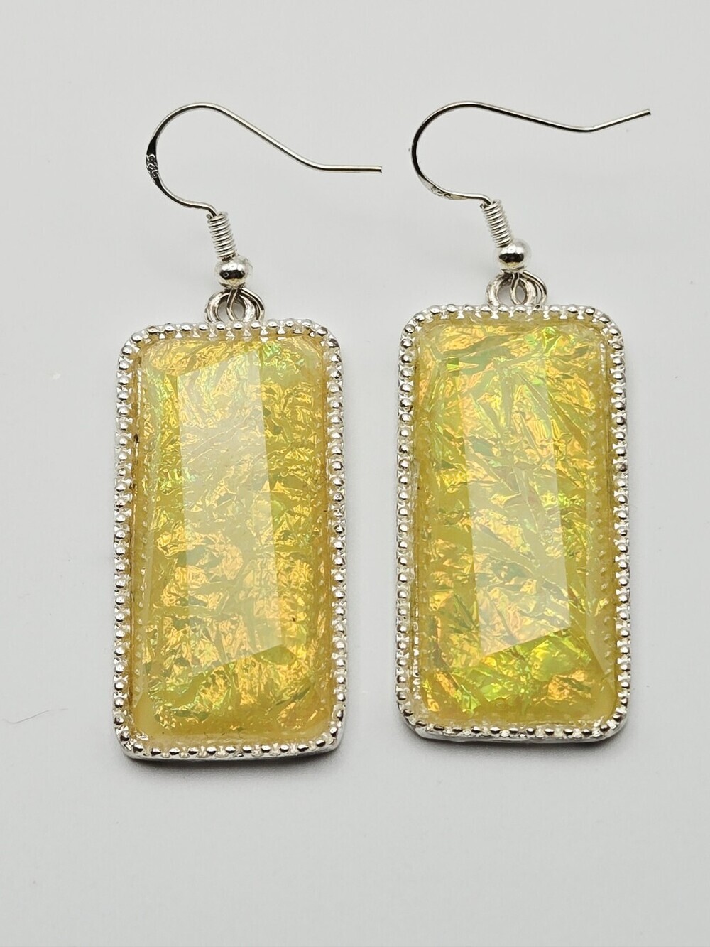 Yellow Iridescent Rectangle Drop Earrings With 925 Stering Hooks - Picture 6 of 14